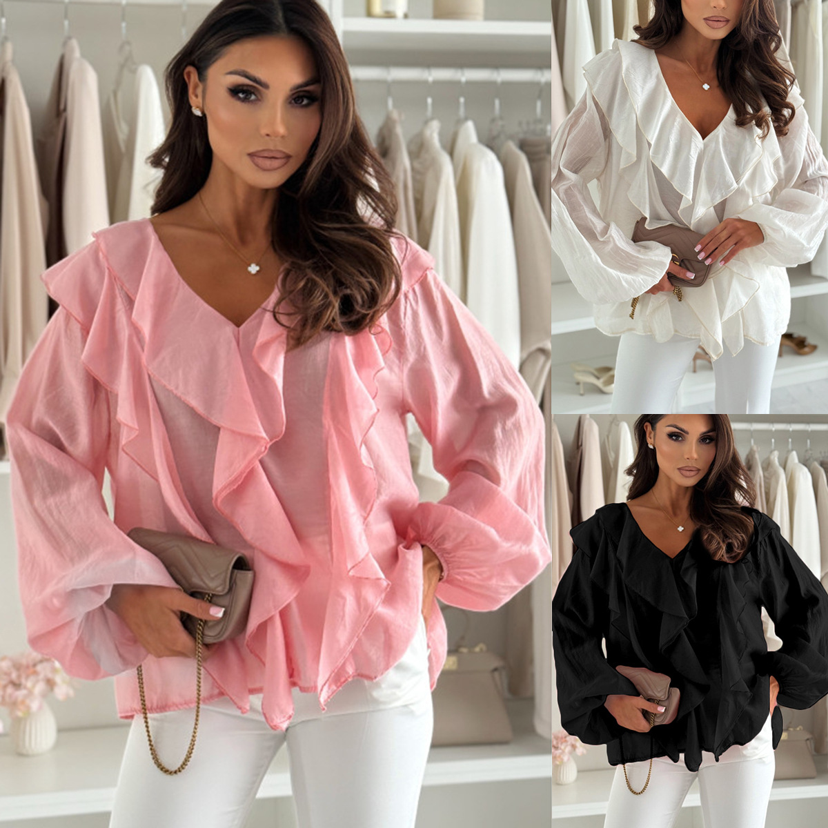 V-Neck Ruffled Shirt Top