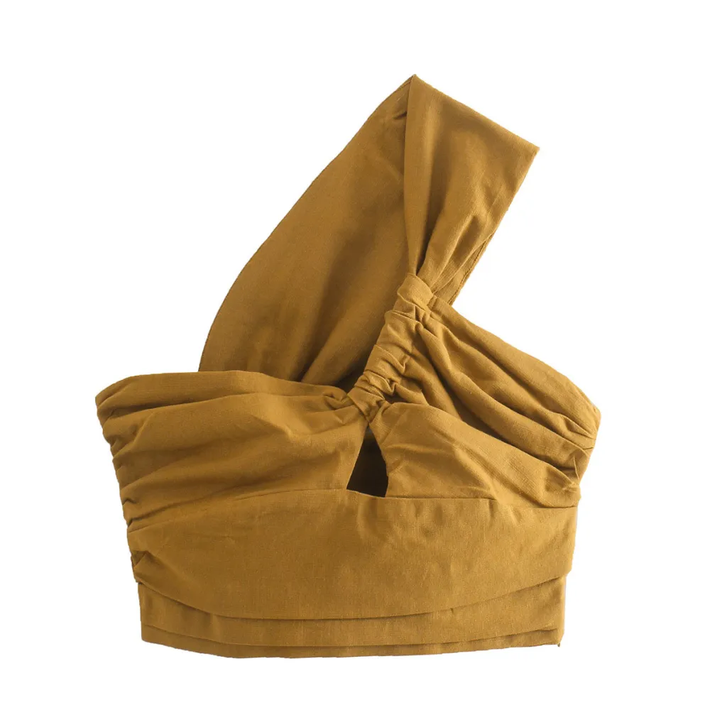 Hollow-out One-shoulder Versatile Linen Tube Top - Mustard Yellow