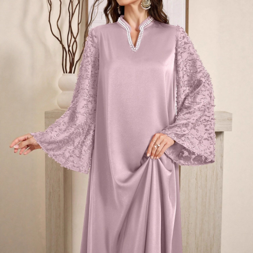 Elegant And Comfortable Long Gown With A Pearl-trimmed Collar