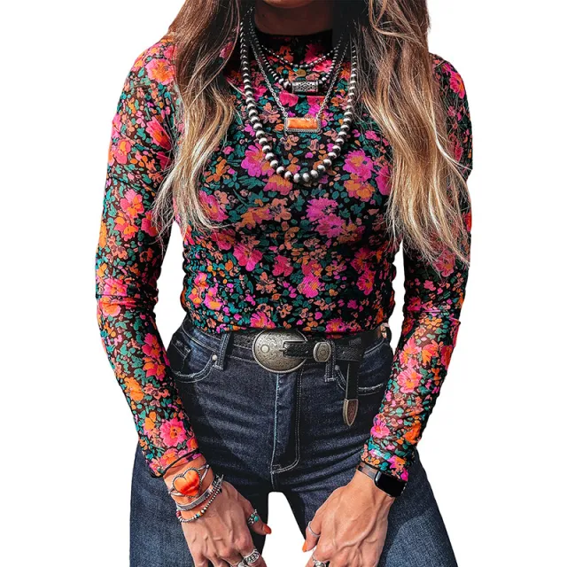 Women's Round neck Fashionable Versatile Floral print Top Floral - Shop at LoveMi