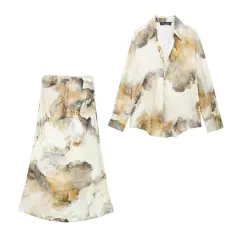 Tie-dyed Silk Satin Texture Shirt Silk Satin Texture Skirt - Set-S - View 1