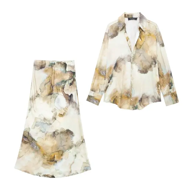 Tie dyed Silk Satin Texture Shirt Silk Satin Texture Skirt Set S - Shop at LoveMi