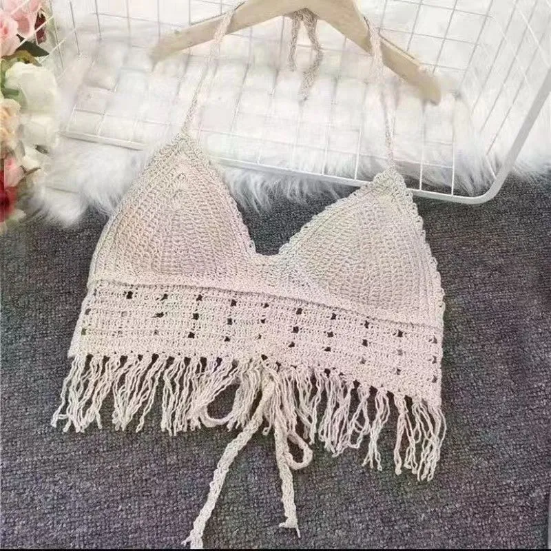 Women's Halter Knitted Small Tank Top Tube Top Beach Bikini - Apricot