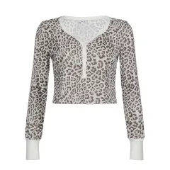 European And American Style Leopard Print Loose-fitting V-neck Top - White - View 1