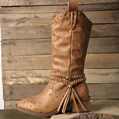 Women's Simple Pointed Rivets Thick Heel Mid Heel Long Tube Tassel Boots - Brown - View 1