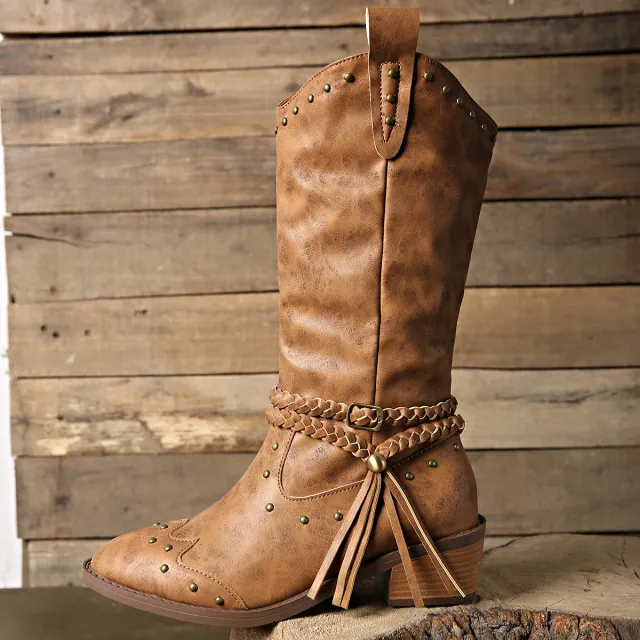 Women's Simple Pointed Rivets Thick Heel Mid Heel Long Tube Tassel Boots Brown - Shop at LoveMi