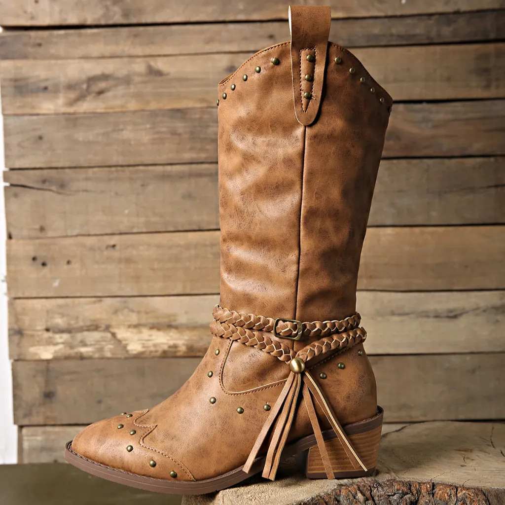 Women's Simple Pointed Rivets Thick Heel Mid Heel Long Tube Tassel Boots - Brown