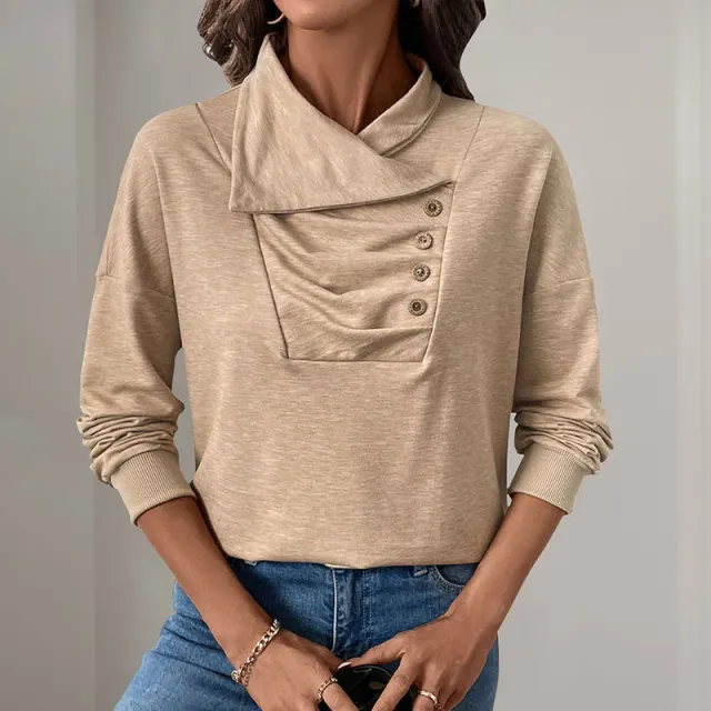 Sweater Pleating Button Stand Collar Tan - Shop at LoveMi
