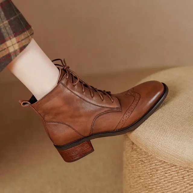 Retro style Leather Ankle Boots With Side Zippers And Lace up Design Brown - Shop at LoveMi