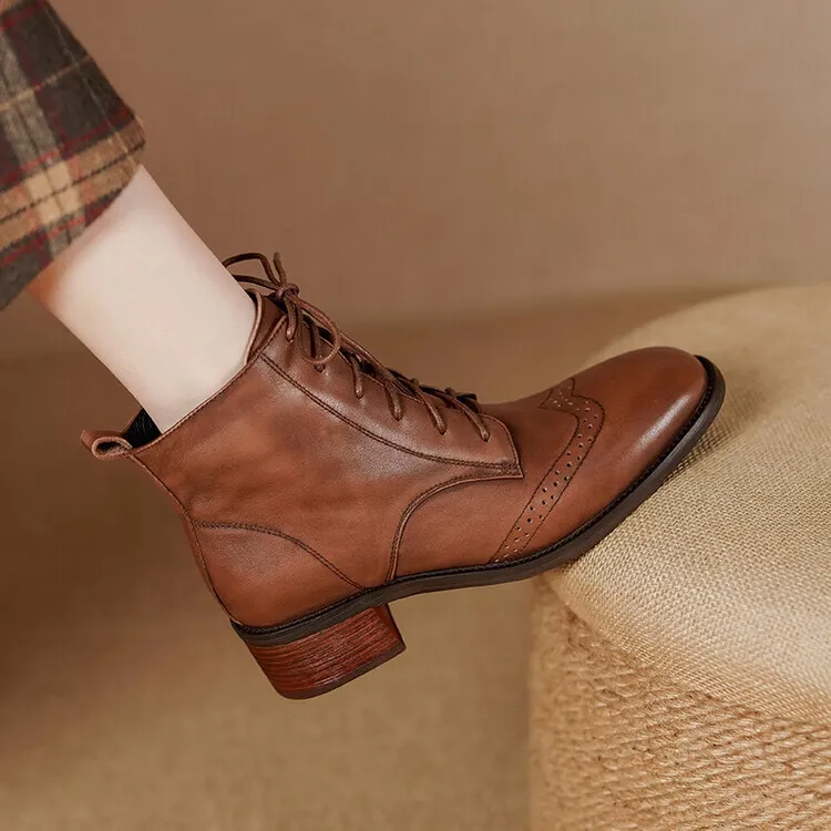 Retro-style Leather Ankle Boots With Side Zippers And Lace-up Design - Brown