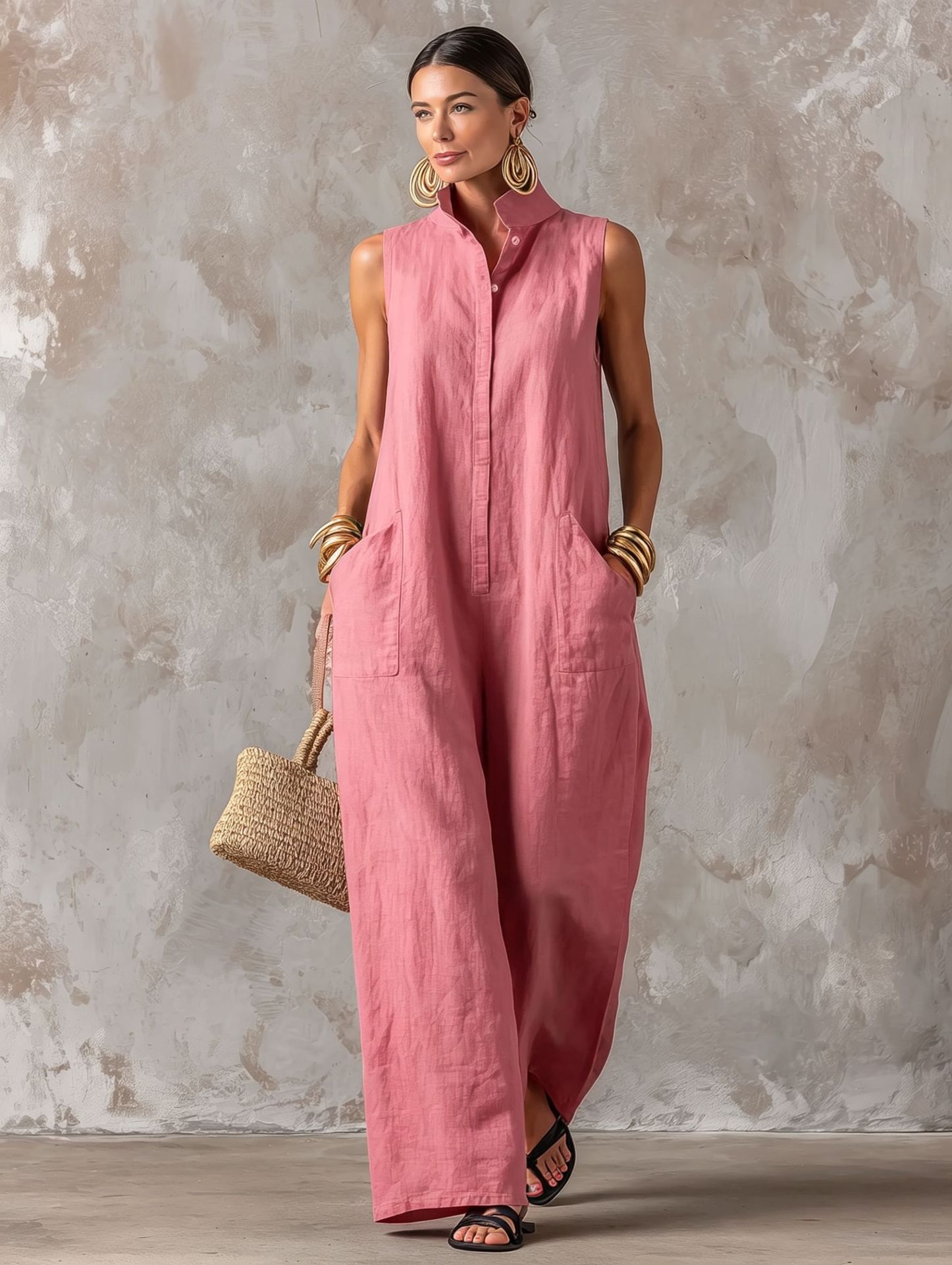 Linen blend sleeveless stand-collar jumpsuit Green colorway – women's loose fit boho casual summer outfit
