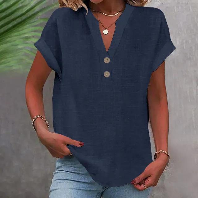 Stand Collar Button Short Sleeve Women's Shirt Navy - Shop at LoveMi