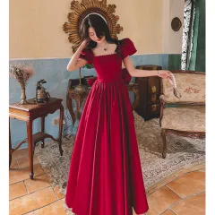 Winter Wine Red Engagement Daily French Princess On The Run Satin Dress - Wine Red Long - View 1