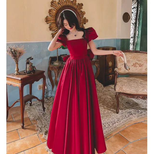 Winter Wine Red Engagement Daily French Princess On The Run Satin Dress Wine Red Long - Shop at LoveMi