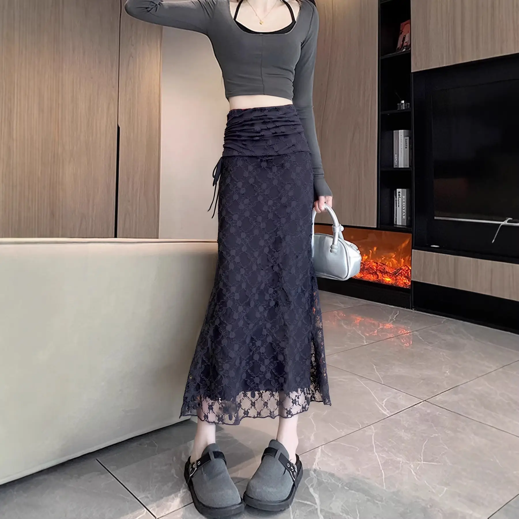 Lace Mesh Sheath Midi Skirt