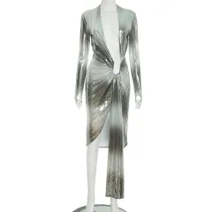 Casual Elegant Printed Deep V Long Sleeve Streamer Pleated Length Dress - Grey Green - View 1