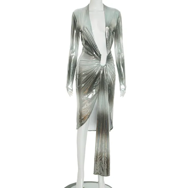 Casual Elegant Printed Deep V Long Sleeve Streamer Pleated Length Dress Gray - Shop at LoveMi