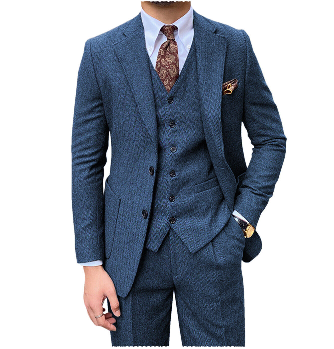 Men's Three-piece Suit In Coarse Wool Herringbone Pattern