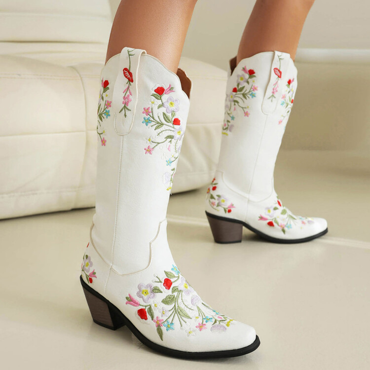 Embroidered Floral Block-heel Mid-calf Boots