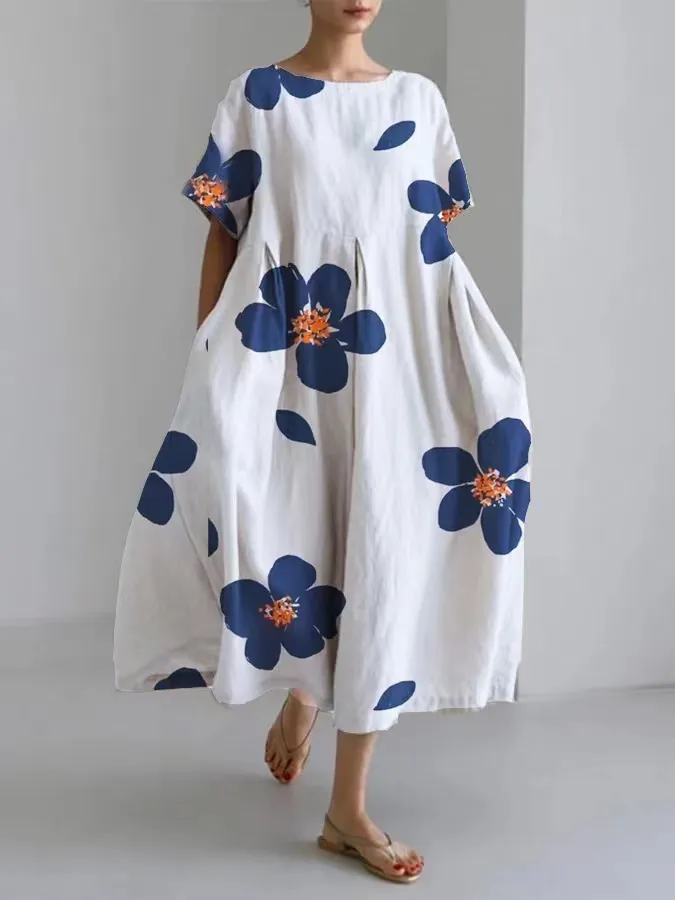 Digital Printing Small Chrysanthemum Women's Casual Short Sleeve Large Swing Dress - Floral