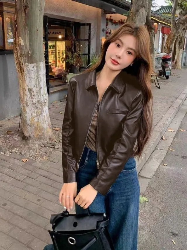 Women's Leather Top Lapel Short Fashion Brown - Shop at LoveMi