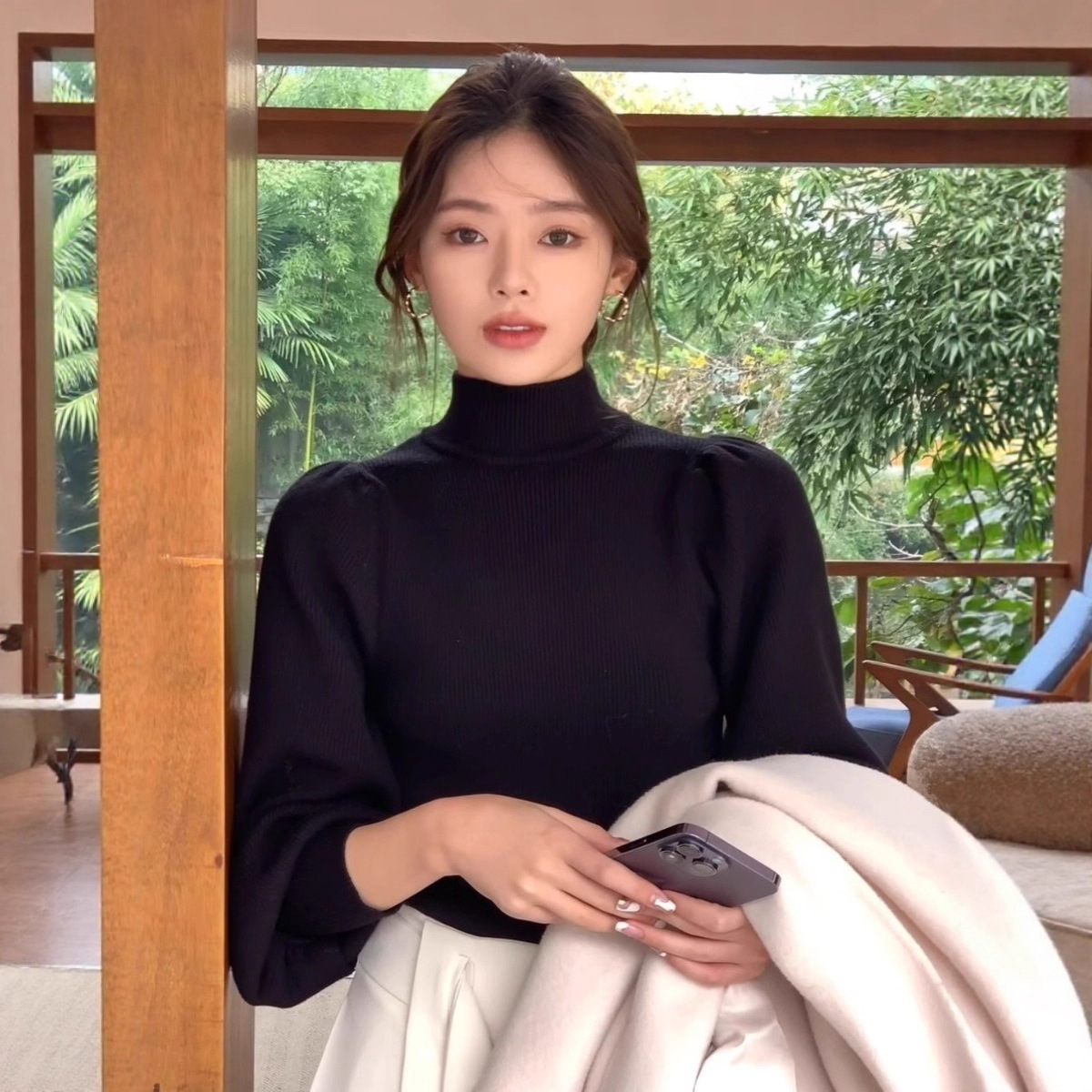 Womens French-style Puff-sleeve Mock-neck Base Layer Top