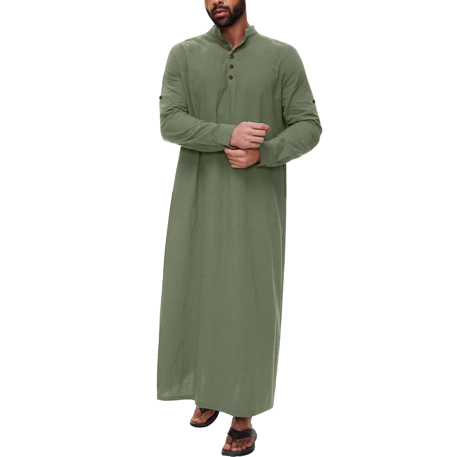 Simple Cotton And Linen Long Men's Stand Collar Button Muslim Robe Green - Shop at LoveMi