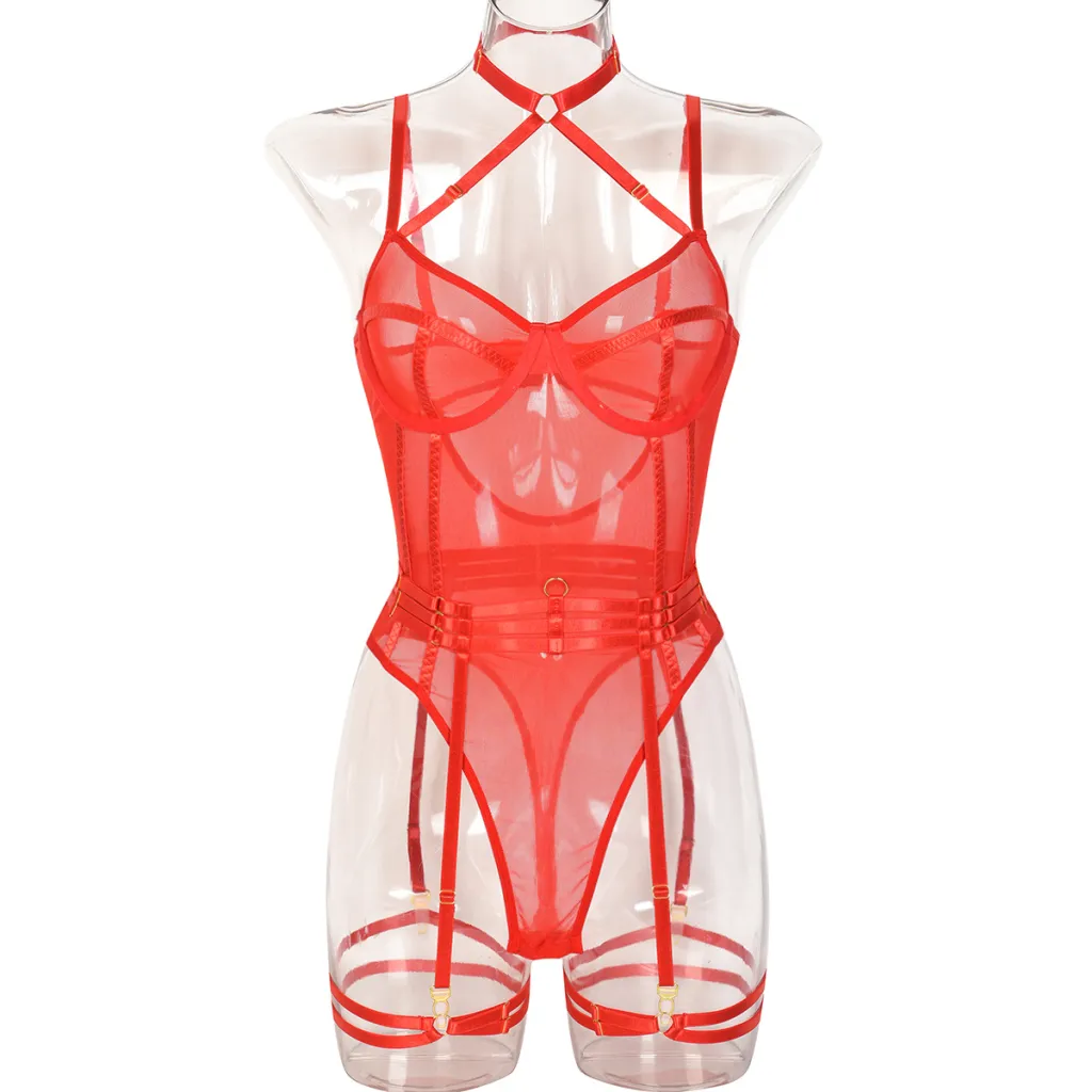 High Elastic Mesh Tight Contrast Color Jumpsuit - All Red