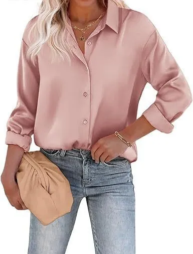 Women's Satin Top Long Sleeve Button Shirt Autumn Lotus Root Color L - Shop at LoveMi