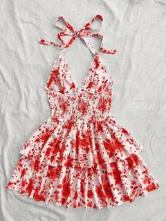 New SpringSummer European And American-style Camisole Top And Audrey Hepburn-inspired Designer Floral Dress - Red - View 1