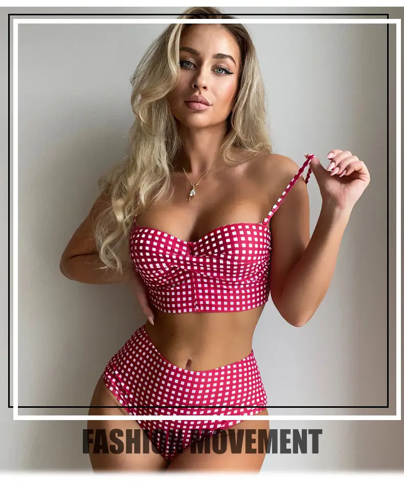 Bikini Swimsuit Female Sexy Plaid Split High Waist