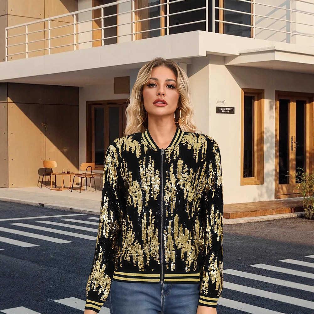 Stand-collar Casual Colorful Jacket With Sequins