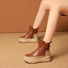 Fleece-lined Platform Muffin Platform Motorcycle Boots Casual Women's Shoes - Brown - View 1