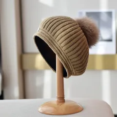 Fox Fur Ball Knitted Beret Women's Autumn And Winter All-matching British Vintage Wool Painter Cap - Khaki - View 1