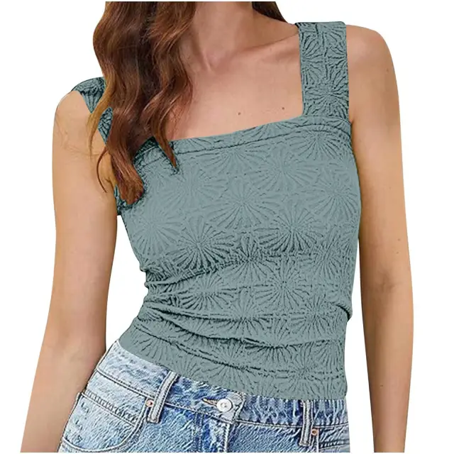 Women's High Elastic Tight Jacquard Square Collar Sleeveless Vest Top Dark Gray - Shop at LoveMi