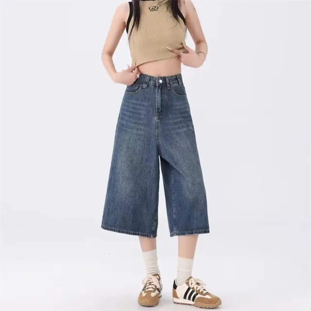 Cropped Jeans Women's Wide leg Summer Inelastic Retro Blue - Shop at LoveMi