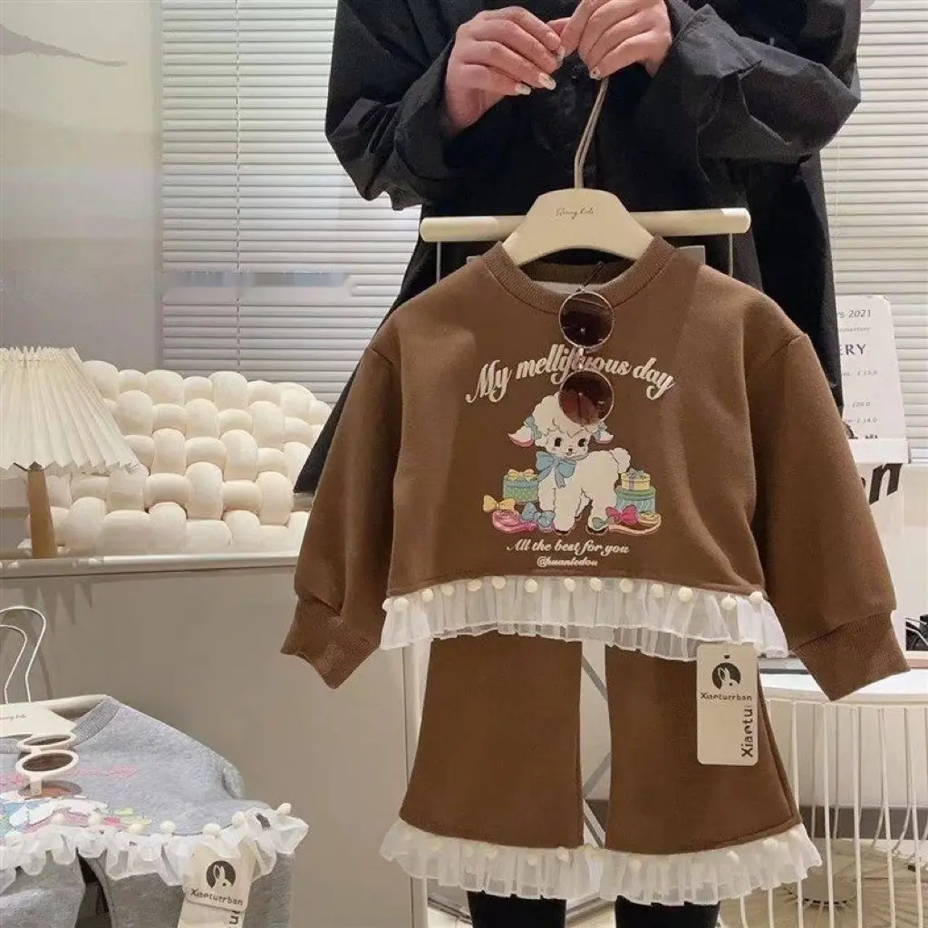 Girls' Spring And Autumn Lace Stitching Coat Cartoon Long Sleeve Sweet Lace Bell-bottom Pants