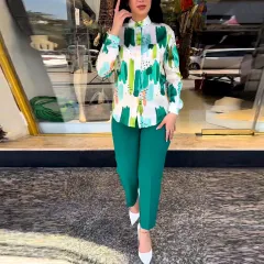 Elegant Long Sleeve Blouse Skinny Pants Suit - Green - View 1