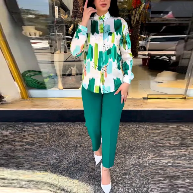 Elegant Long Sleeve Blouse Skinny Pants Suit Green - Shop at LoveMi