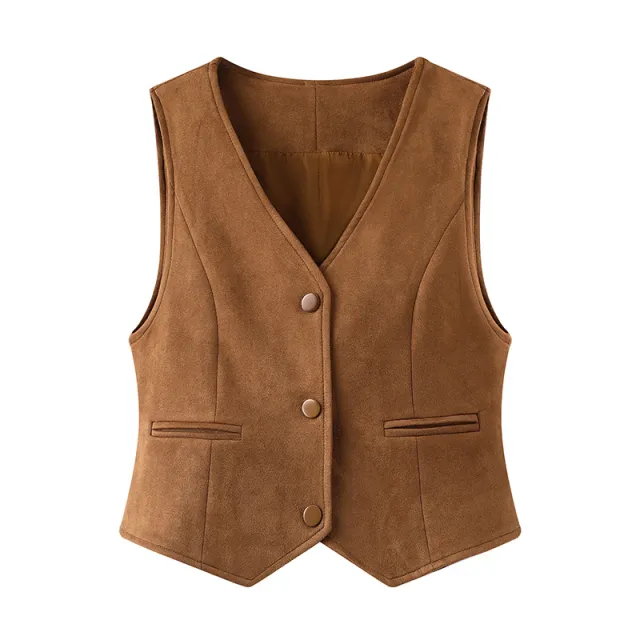 Spring New V neck Design All match Suede Short Vest Jacket Women Brown - Shop at LoveMi
