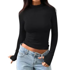 Women's Slim Fit Half-high Collar Long Sleeves Thumb Hole T-shirt - Black - View 1
