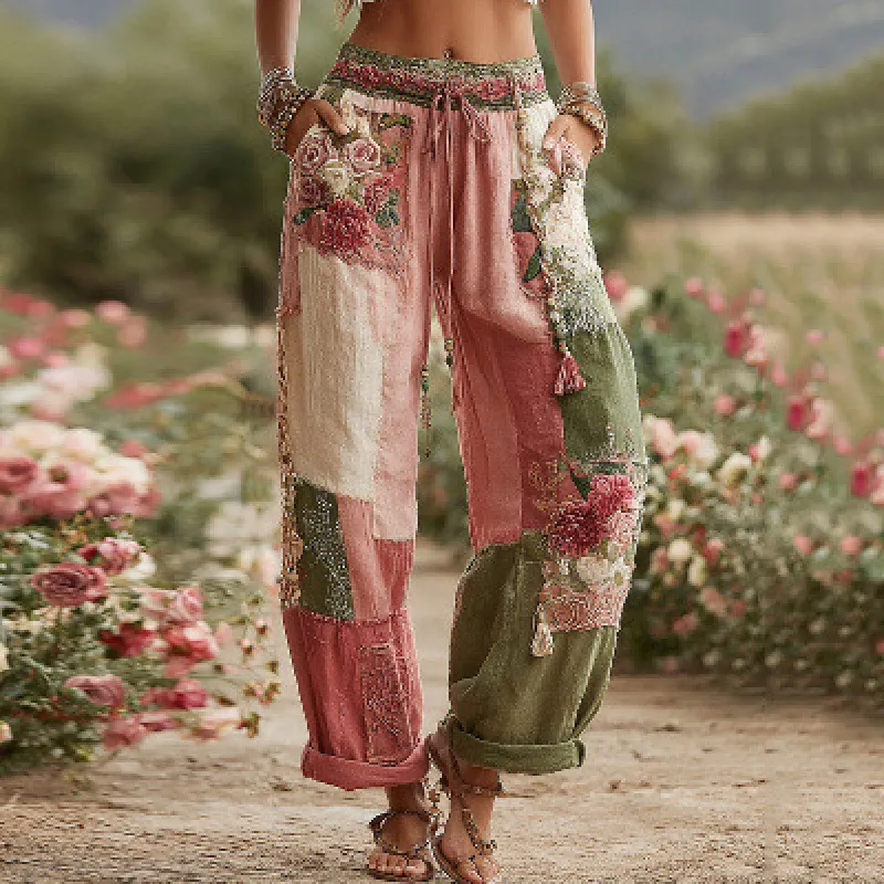 3D Floral Print Pattern Elegant Straight Women's Trousers - Hh1515