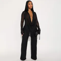 Women's Fashion Sexy Lace-up Long-sleeved Top Slim Trousers Suit - Black - View 1