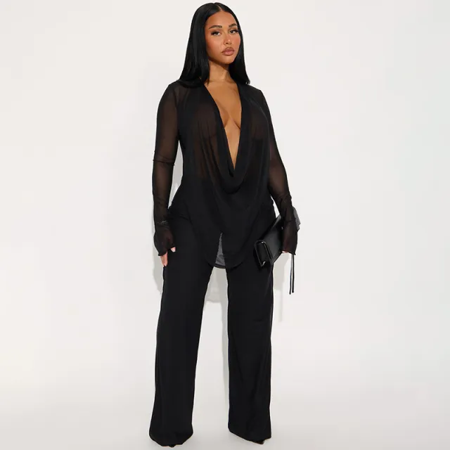 Women's Fashion Sexy Lace up Long sleeved Top Slim Trousers Suit Black - Shop at LoveMi