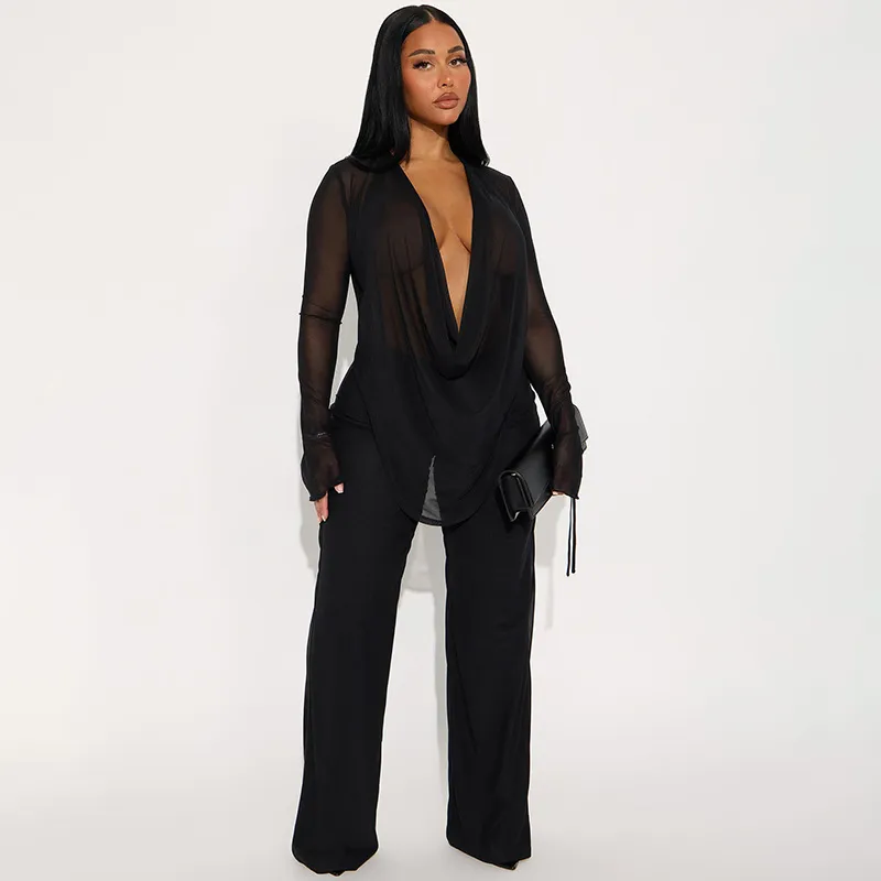 Women's Fashion Sexy Lace-up Long-sleeved Top Slim Trousers Suit - Black