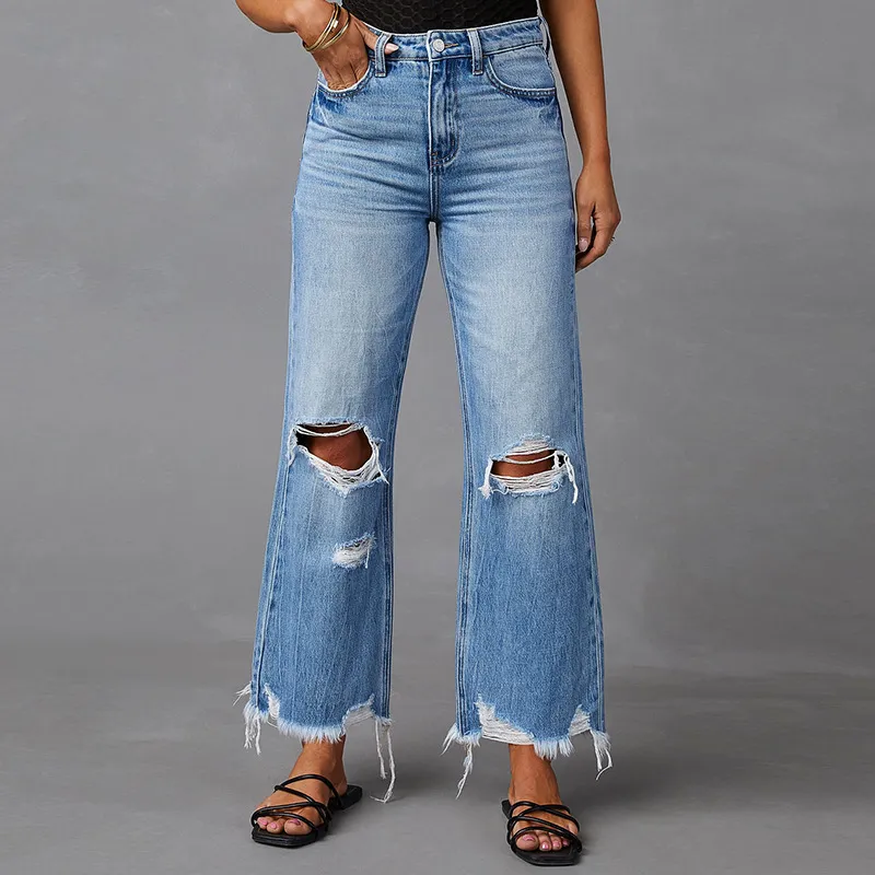 European And American Water Washed Hole High Waist Trousers Wide Leg Pants Jeans - Light Blue