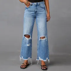 European And American Water Washed Hole High Waist Trousers Wide Leg Pants Jeans - Light Blue - View 1