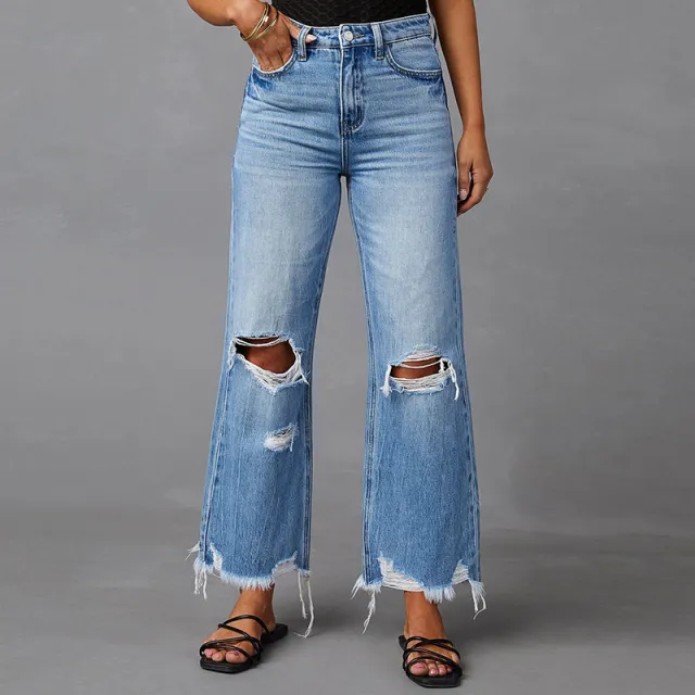 European And American Water Washed Hole High Waist Trousers Wide Leg Pants Jeans Light Blue - Shop at LoveMi