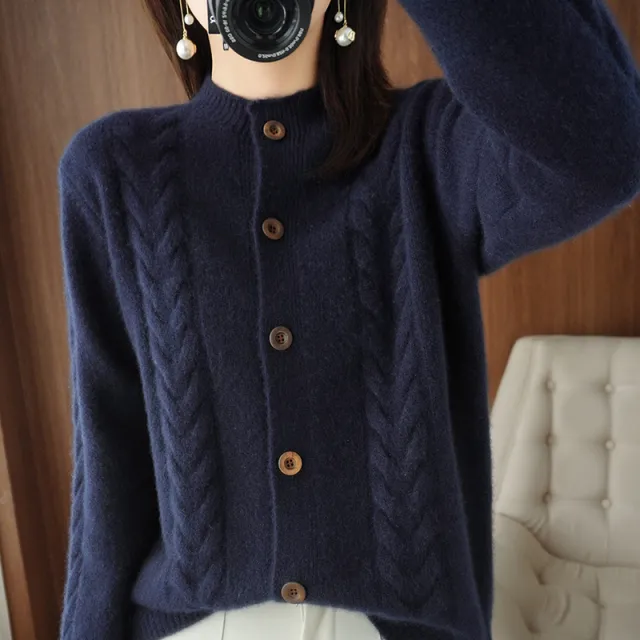 Loose Lapel Thick Twisted Short Knitted Cardigan Sweater Dark Blue - Shop at LoveMi