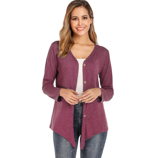 Women's V neck Button Long sleeved Cardigan T shirt Bottoming Shirt Wine Red - Shop at LoveMi